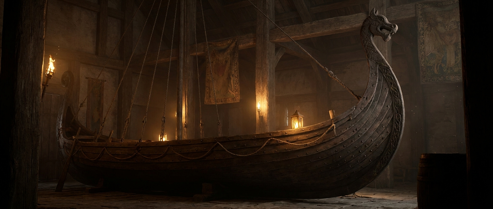 The dark wooden hull of a Viking ship with a curved prow lies softly lit in a dim hall, no people