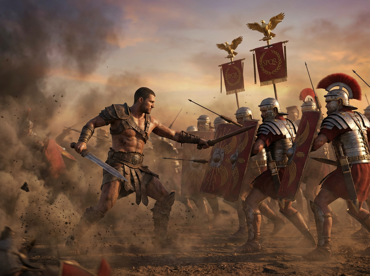 The gladiator Spartacus charges with two swords at a line of Roman legionaries with red shields and eagle standards.