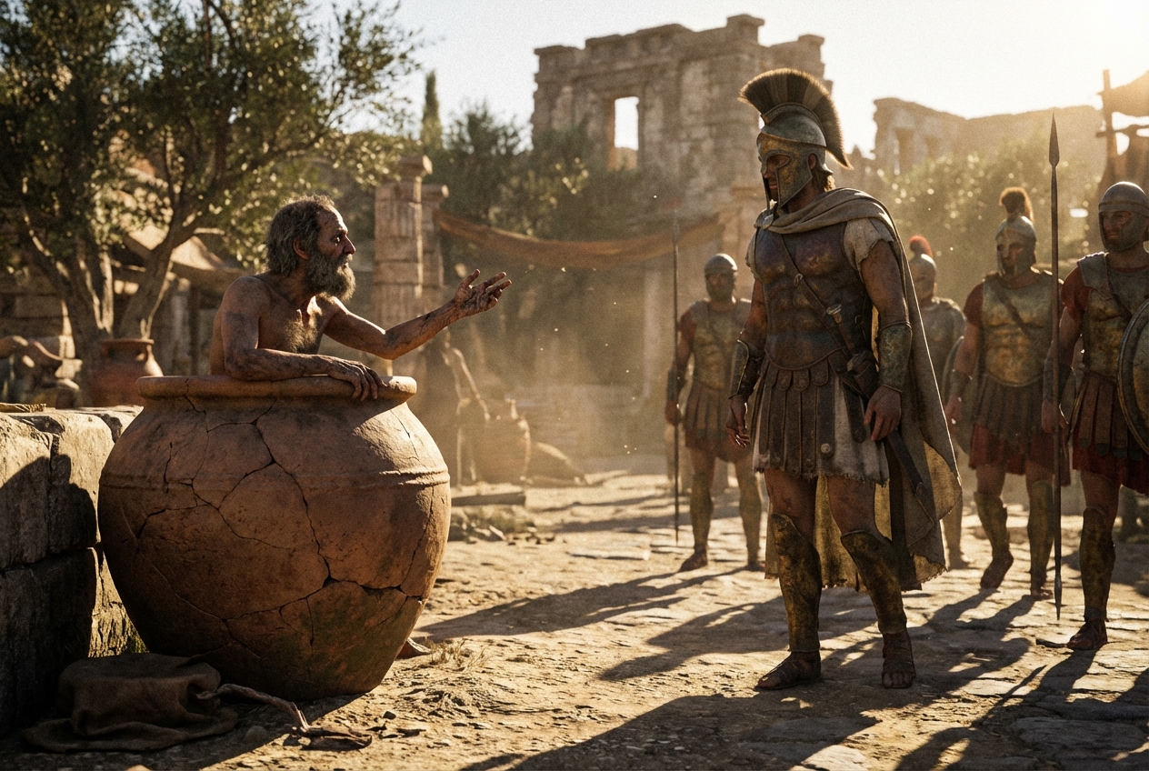 Der Philosoph Diogenes sitzt in seinem Tonfass und spricht zu Alexander dem Großen, der mit Soldaten vor ihm steht