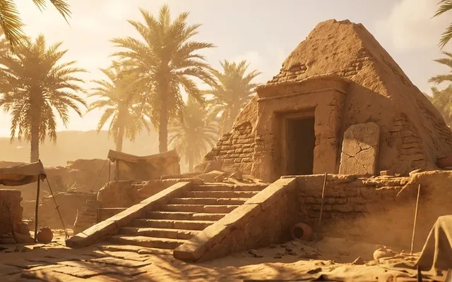 A pyramid-shaped mudbrick tomb stands in the Egyptian desert, a stone staircase leading up to its entrance