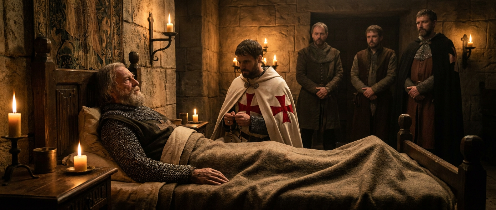Ein alter Ritter liegt in einer steinernen Kammer im Bett, neben ihm kniet ein Templer in einem weißen Mantel mit rotem Kreuz, im Hintergrund stehen seine Söhne
