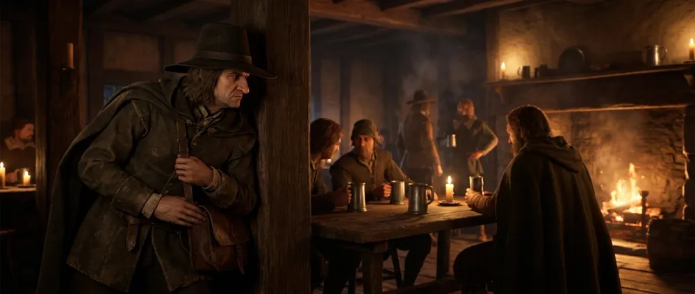 Isaac Newton disguised, observing covertly inside a dimly lit tavern Isaac Newton disguised, observing covertly inside a dimly lit tavern