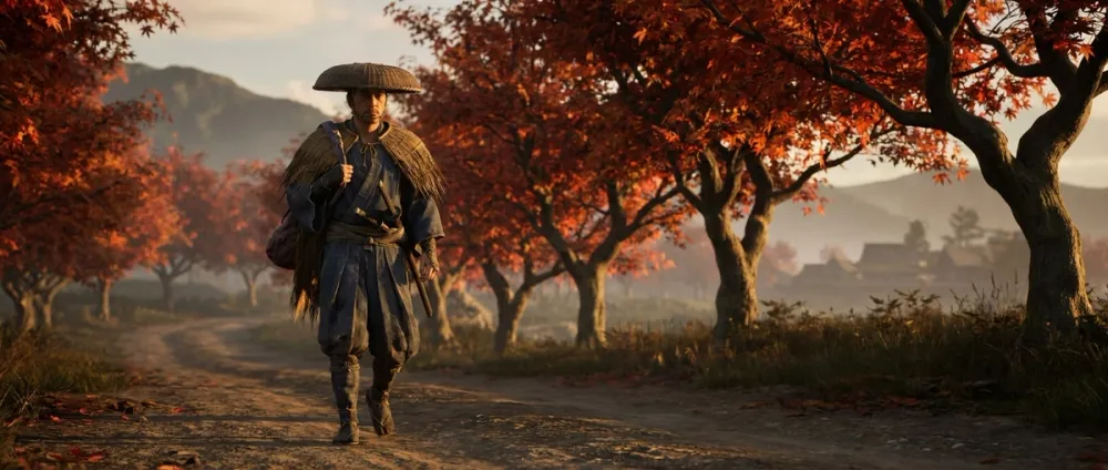 Ein einzelner Samurai-Schwertkämpfer wandert mit Schwert und Bündel eine ländliche Straße entlang Ein einzelner Samurai-Schwertkämpfer wandert mit Schwert und Bündel eine ländliche Straße entlang