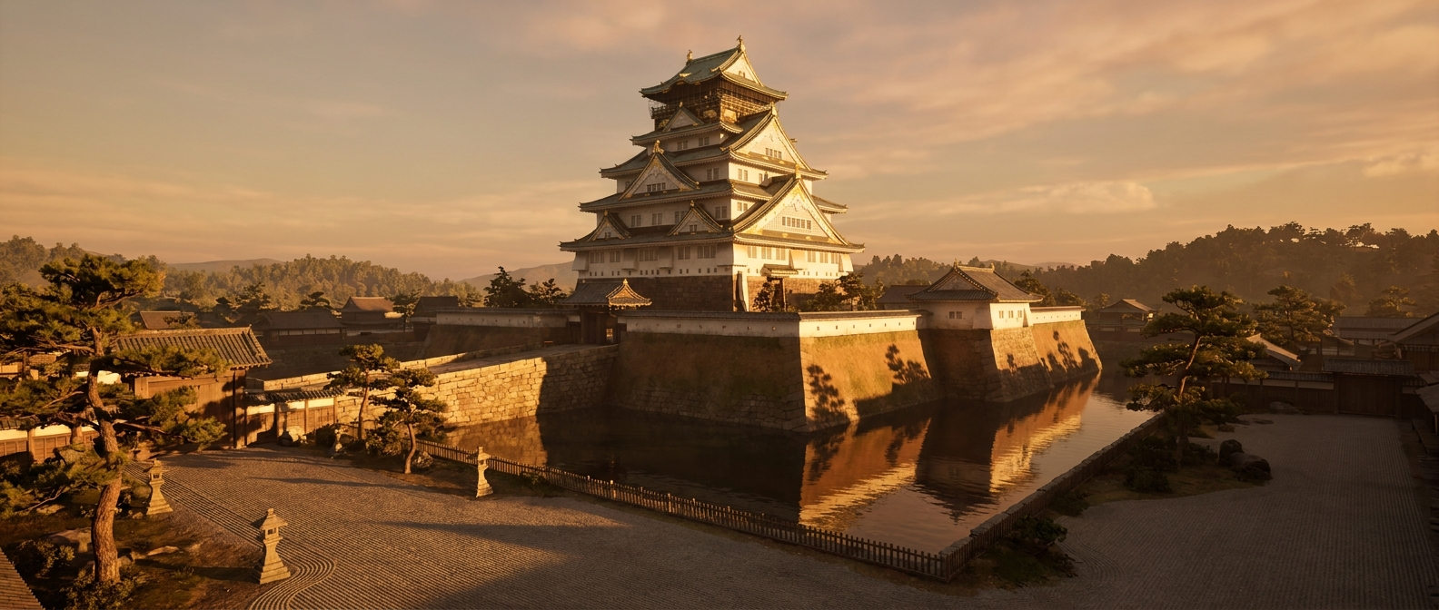 Osaka Castle with its multi-tiered keep and gold decorations in warm evening light, a moat in front