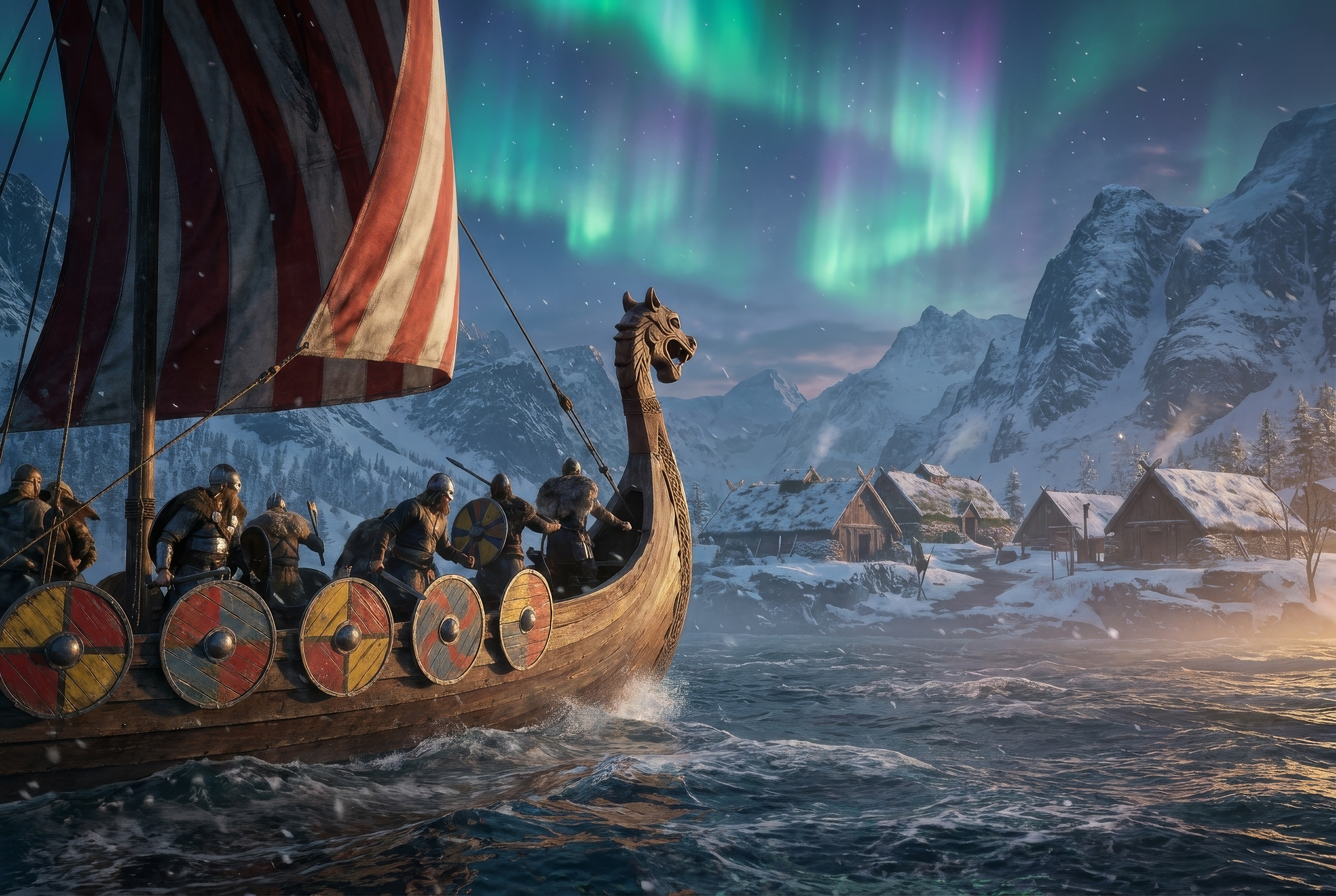 Ein Wikinger-Langschiff mit Kriegern und bunten Schilden fährt unter Polarlichtern auf ein verschneites Dorf an einem Fjord zu