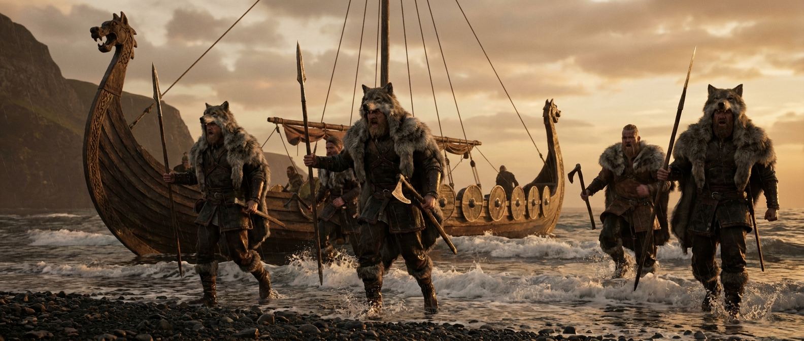 Warriors in wolf skins storm from a longship onto a fjord beach with spears raised