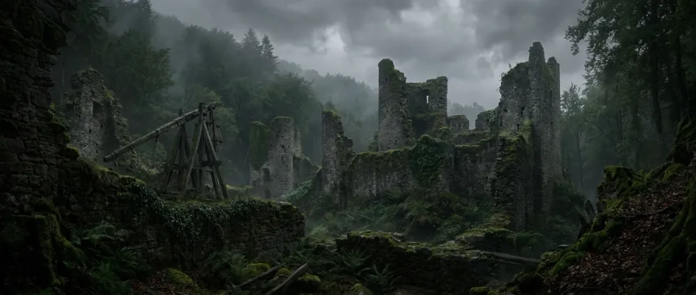 The weathered ruins of a small medieval siege fortification on a forested hilltop The weathered ruins of a small medieval siege fortification on a forested hilltop