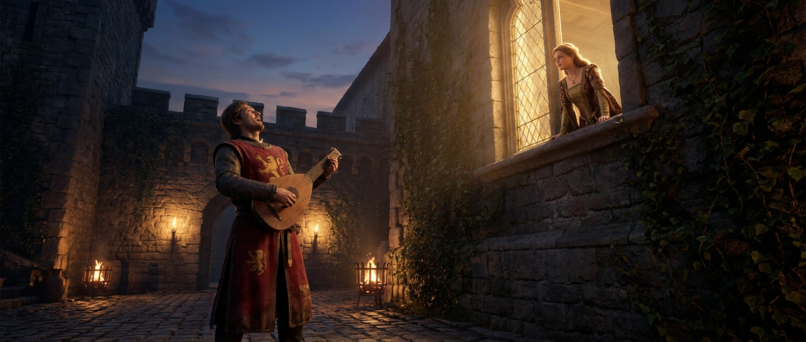 A knight in a tabard sings in a castle courtyard at dusk while a noblewoman listens from a lit window above him