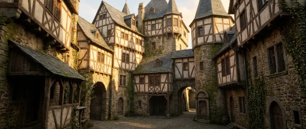 The tightly packed courtyard of Eltz Castle with several distinct towers and half-timbered facades The tightly packed courtyard of Eltz Castle with several distinct towers and half-timbered facades