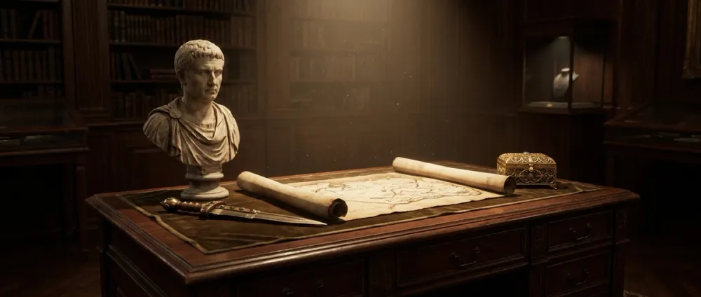 Ein eleganter Kuratoren-Tisch mit historischen Artefakten aus verschiedenen Epochen — eine Porträtbüste, eine alte Karte, eine Waffe, ein verziertes Objekt Ein eleganter Kuratoren-Tisch mit historischen Artefakten aus verschiedenen Epochen — eine Porträtbüste, eine alte Karte, eine Waffe, ein verziertes Objekt