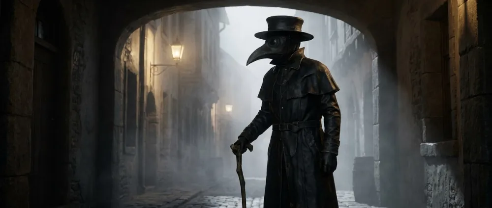 A plague doctor in a black leather coat with a long beaked mask stands in a foggy medieval alley A plague doctor in a black leather coat with a long beaked mask stands in a foggy medieval alley
