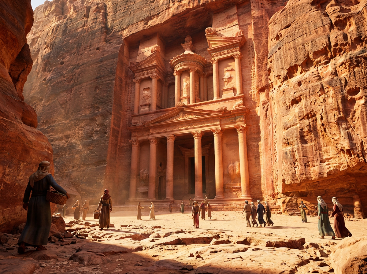 Traders and travellers carrying baskets pass through the rocky gorge before the Treasury of Petra in the Roman province of Arabia.