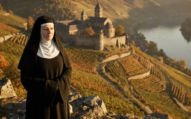 Eine Benediktineräbtissin des 12. Jahrhunderts in schwarzem Habit und weißem Schleier, hinter ihr ein Kloster auf einem Hügel über dem Rhein mit Weinbergen