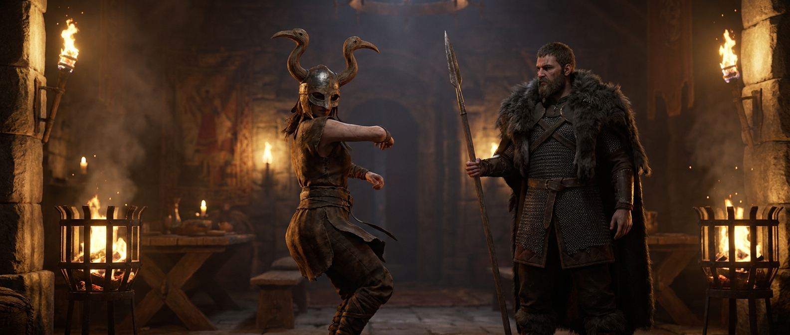 n a torch-lit hall, a figure in a helmet with bird-head horns dances beside a warrior in a wolf pelt holding a spear
