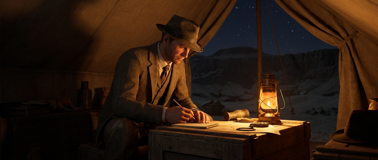 An archaeologist in a 1920s suit writes a telegram by oil lamp in a tent in the Valley of the Kings at night