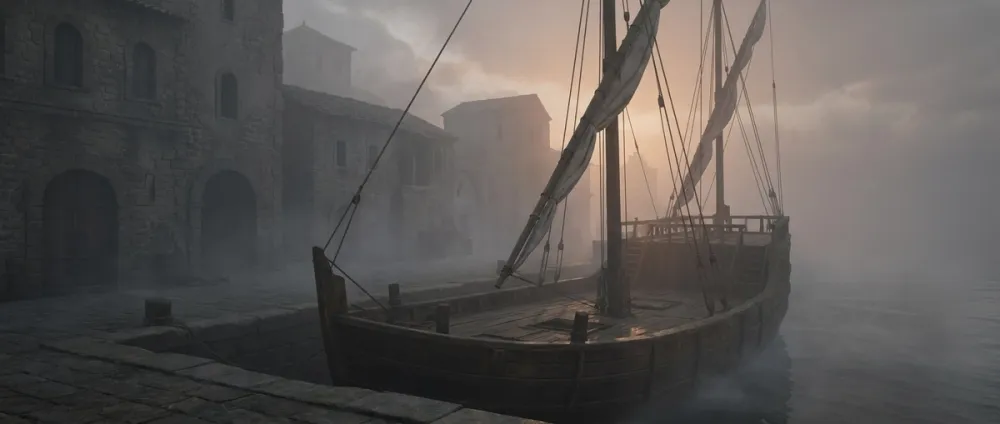 A medieval sailing ship sits abandoned in the foggy harbor of Messina A medieval sailing ship sits abandoned in the foggy harbor of Messina