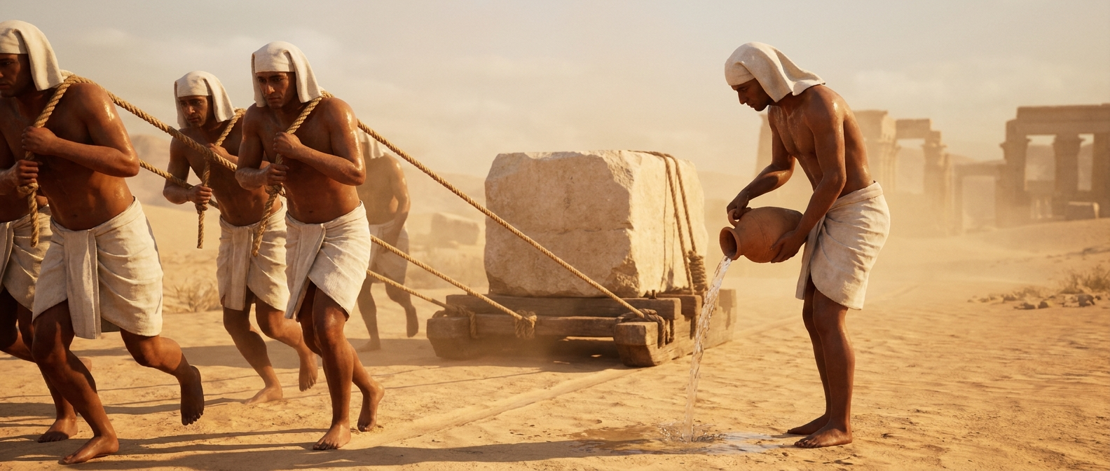 Ancient Egyptian workers with bronze skin pull with ropes a wooden sledge carrying a limestone block over sand while a man pours water from a jar onto the sand in front of the sledge