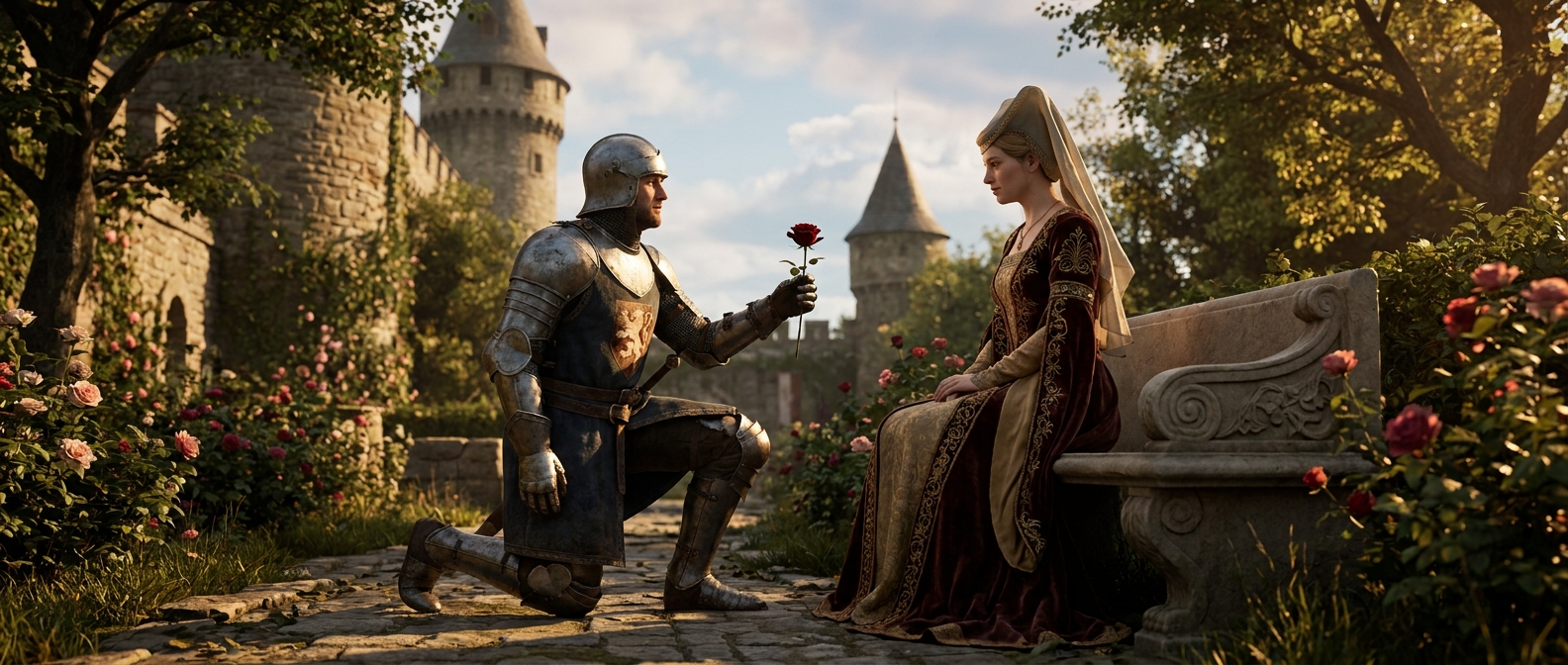 A knight kneels before a lady in a castle garden and offers her a flower