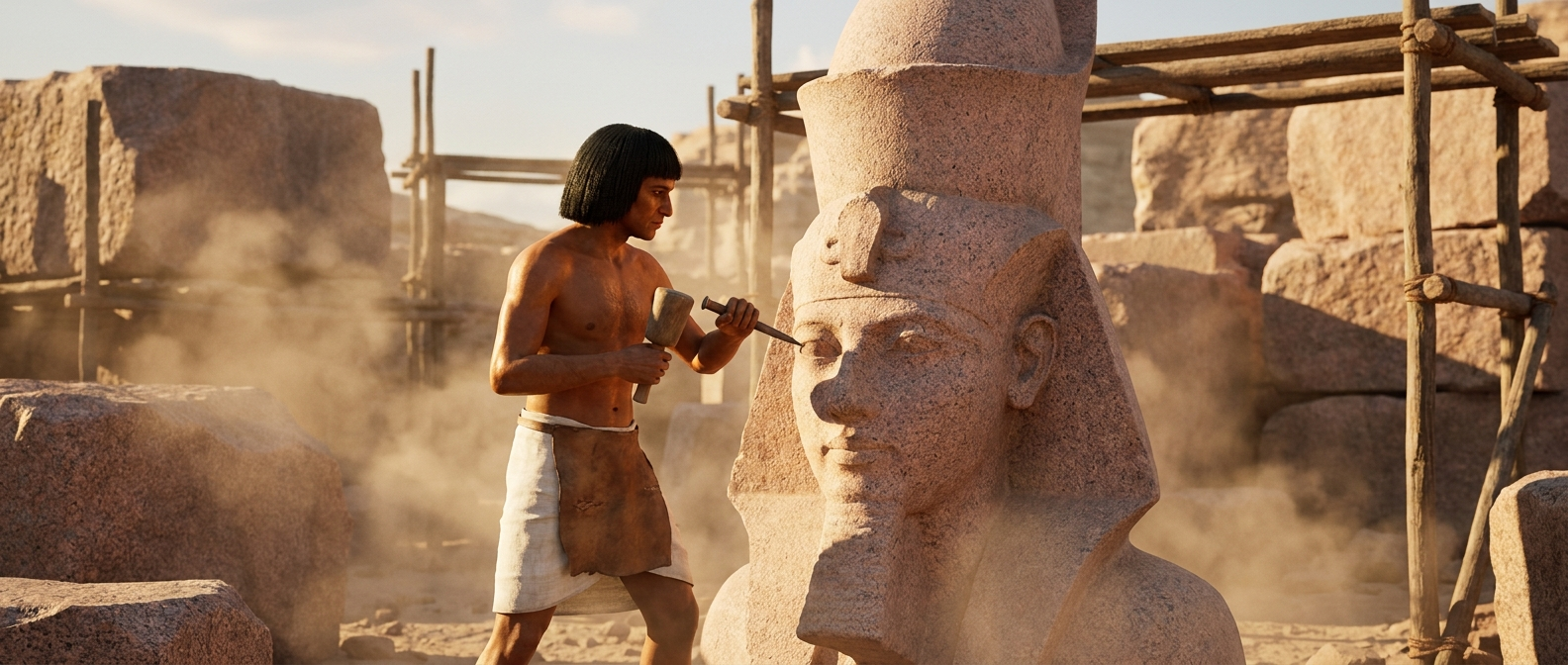 An ancient Egyptian sculptor carves the double crown into a colossal pink granite head in a workshop at the Aswan granite quarry, dust in the sunlight