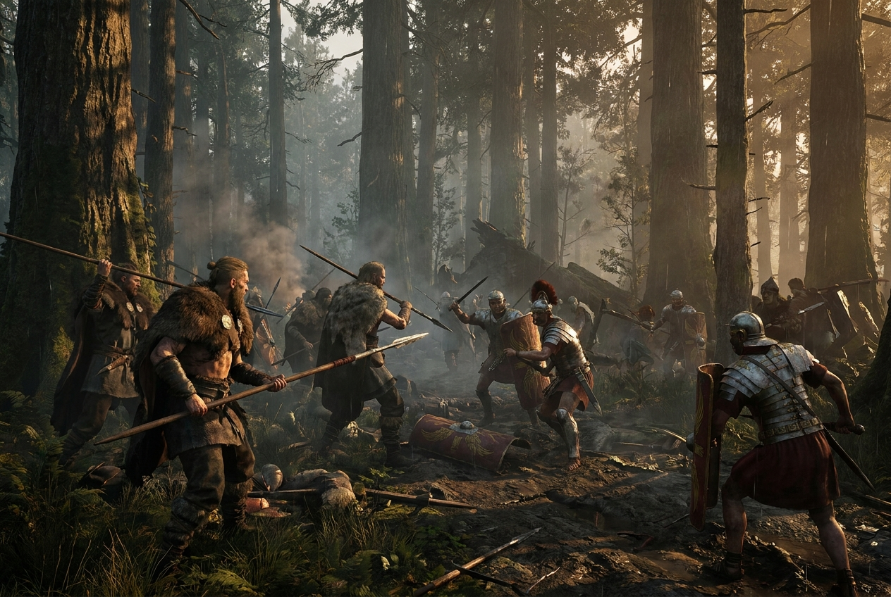Germanic warriors with spears attack Roman legionaries carrying red shields in the misty Teutoburg Forest.
