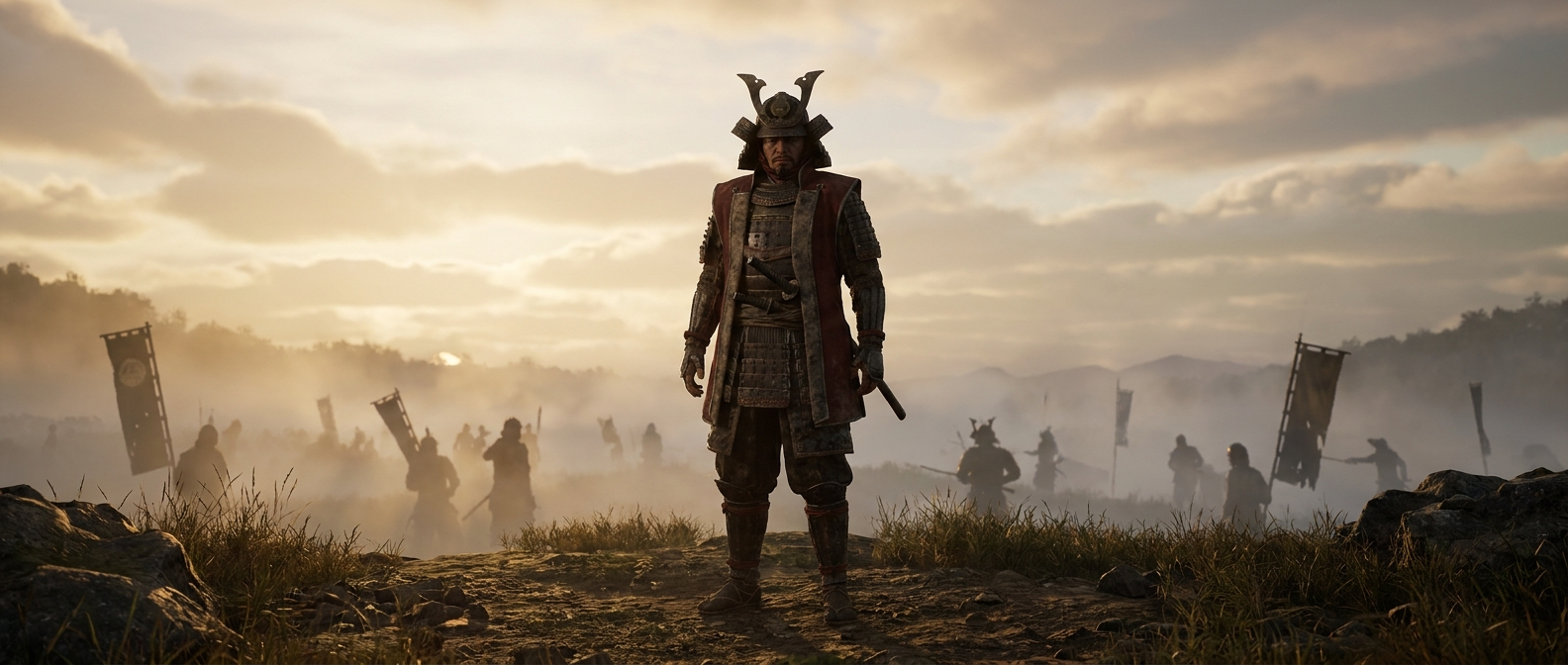 A samurai general in armor stands alone facing the camera on a hill above a misty battlefield at dawn