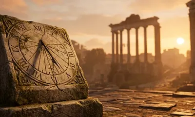 An ancient stone Roman sundial displays Roman numerals, with columns of the Roman Forum visible behind it