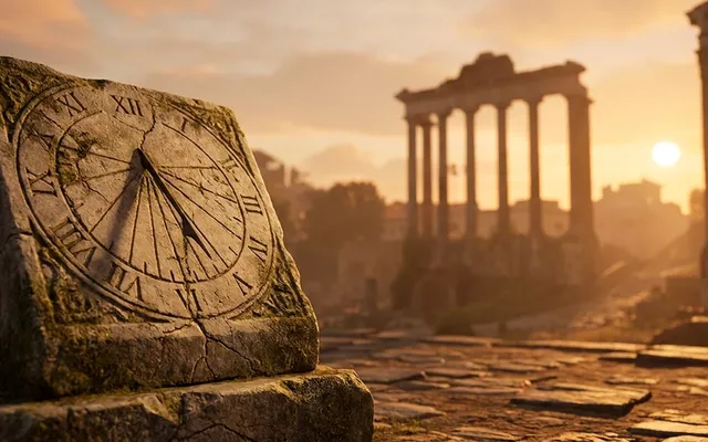 Eine antike römische Sonnenuhr aus Stein zeigt römische Zahlen, im Hintergrund Säulen des Forum Romanum