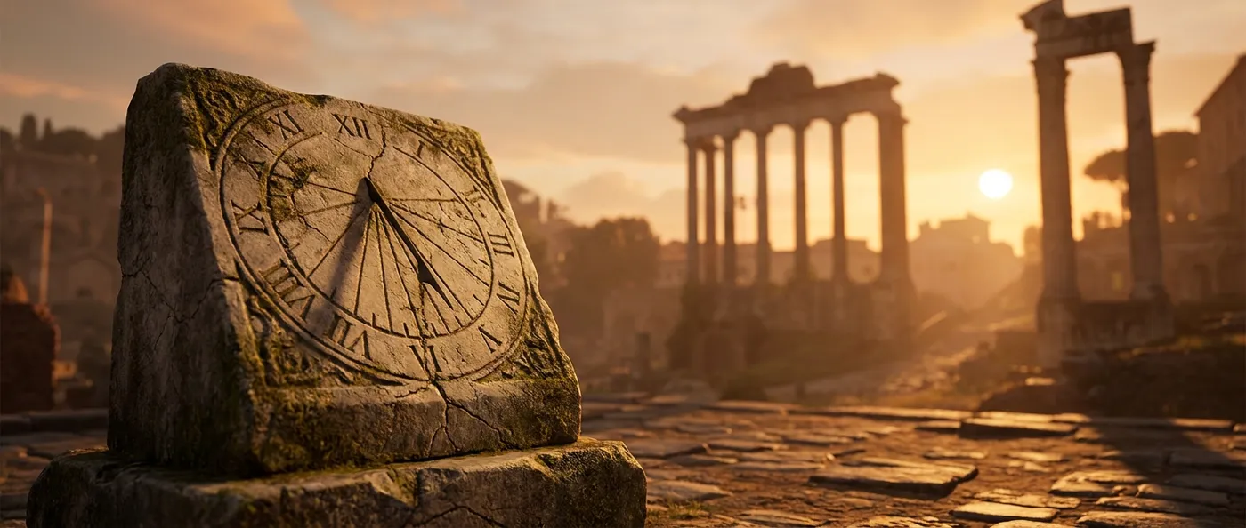 Eine antike römische Sonnenuhr aus Stein zeigt römische Zahlen, im Hintergrund Säulen des Forum Romanum