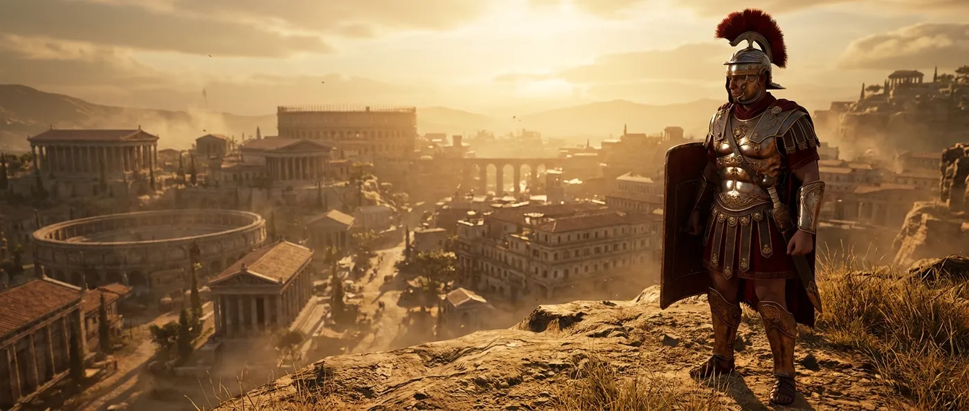 A Roman centurion in full armor overlooking an imposing city of Rome at sunset