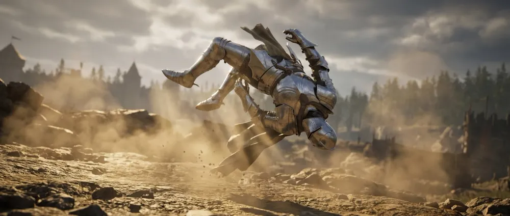 A knight in full plate armor caught mid-jump, showing surprising agility A knight in full plate armor caught mid-jump, showing surprising agility