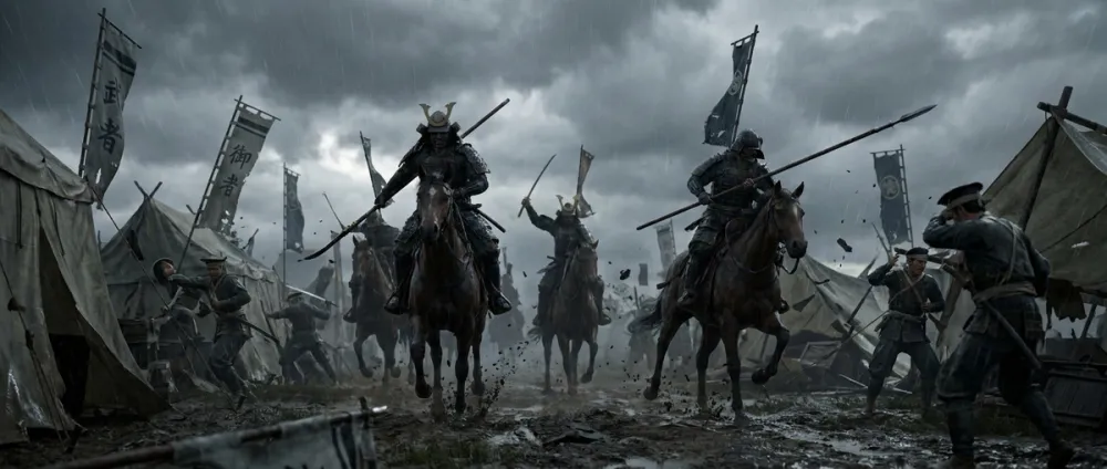 Samurai-Krieger stürmen im strömenden Regen durch ein überraschtes Feldlager Samurai-Krieger stürmen im strömenden Regen durch ein überraschtes Feldlager