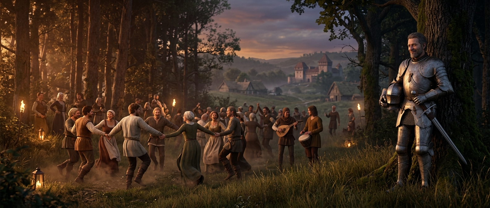 Villagers dance in a meadow while a knight watches from the edge with a wry smile