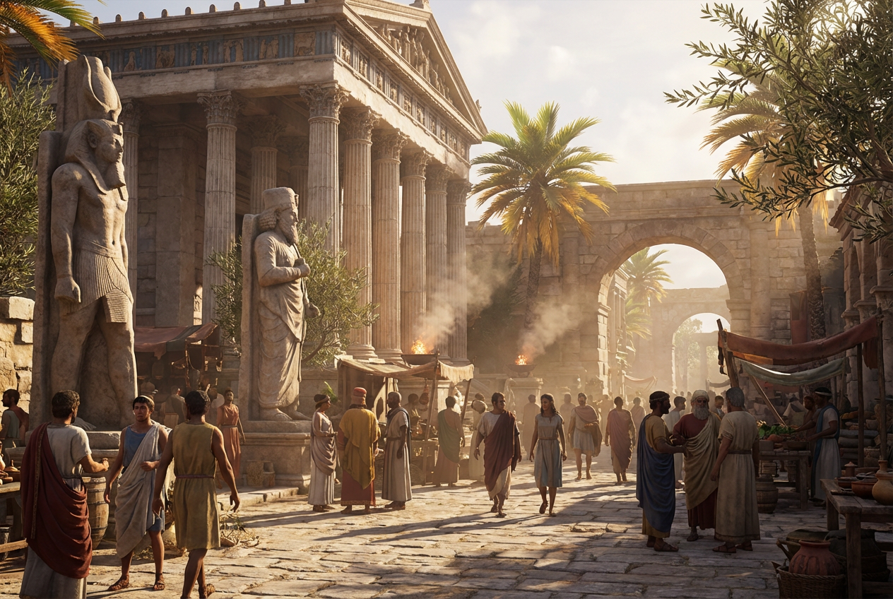 Menschen in Tuniken gehen über eine Marktstraße in Alexandria, gesäumt von ägyptischen und griechischen Statuen und Tempeln