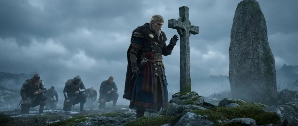 König Harald Blauzahn mit Krone und Umhang steht mit erhobener Hand vor einem Steinkreuz und Runenstein, im Hintergrund kniende Krieger König Harald Blauzahn mit Krone und Umhang steht mit erhobener Hand vor einem Steinkreuz und Runenstein, im Hintergrund kniende Krieger