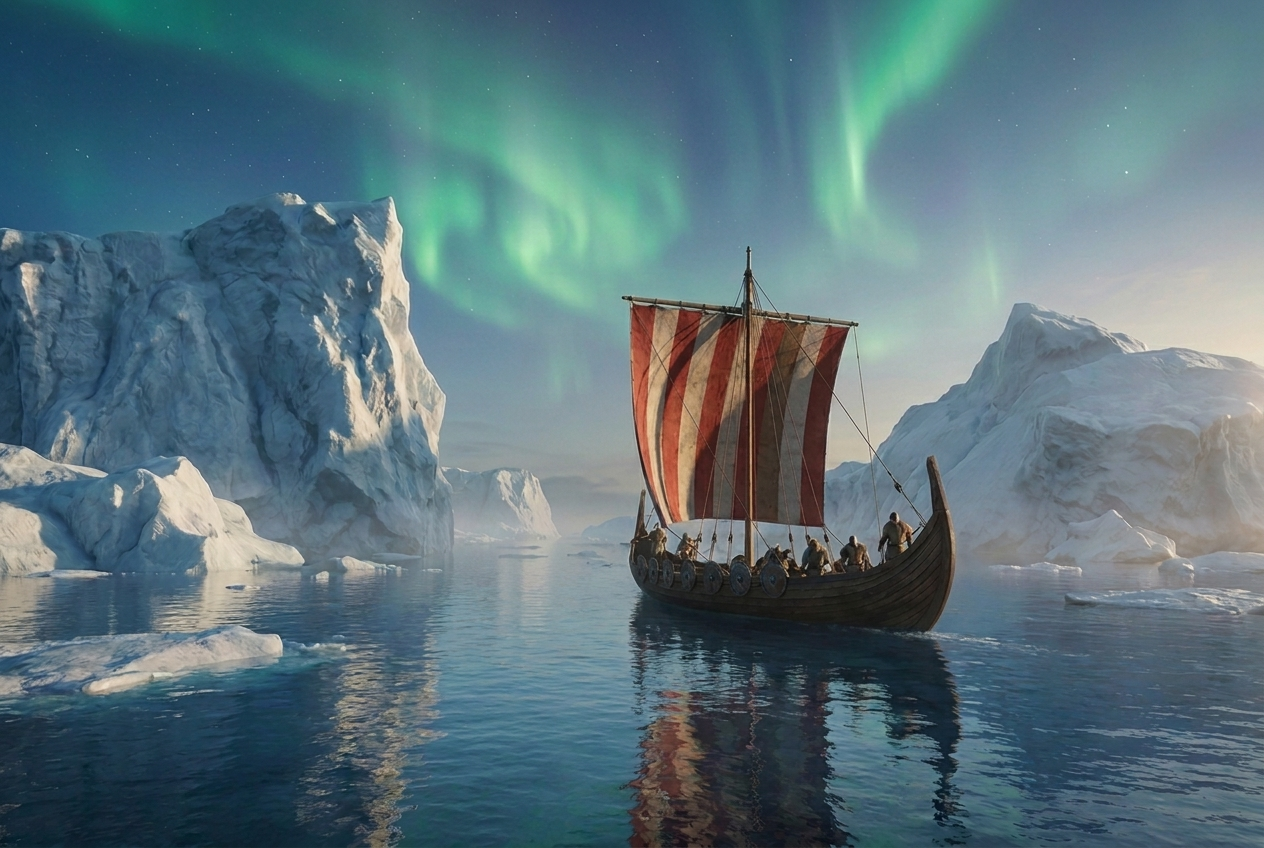 Ein Wikinger-Langschiff mit gestreiftem Segel fährt unter Polarlichtern zwischen Eisbergen durch das Nordmeer