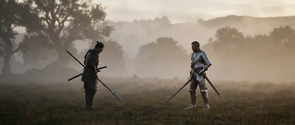A samurai in lamellar armor and a knight in plate armor face each other on a misty field A samurai in lamellar armor and a knight in plate armor face each other on a misty field