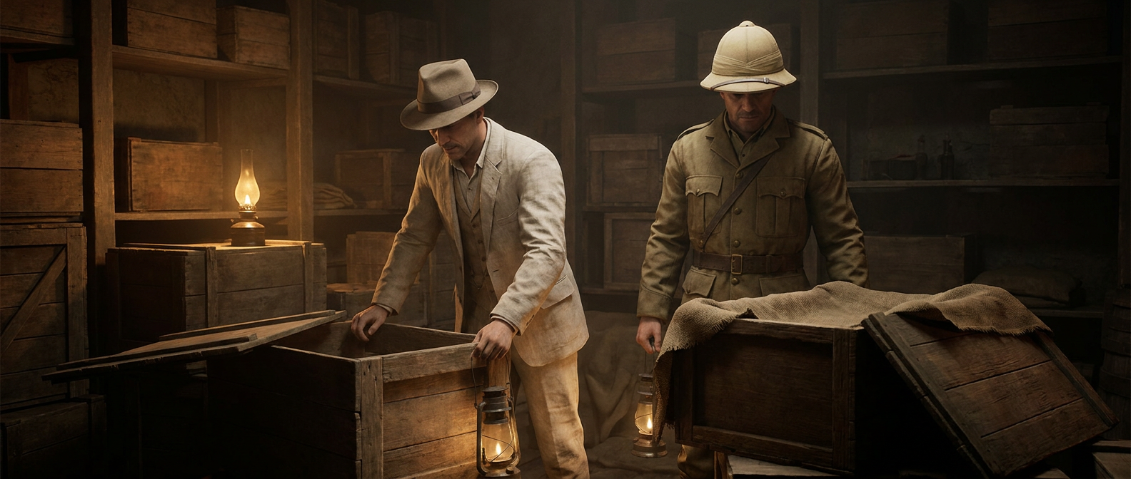 Ein französischer Altertümerinspektor in einem hellen Anzug untersucht 1913 in einem schwach beleuchteten Lagerraum bei Lampenlicht Holzkisten, daneben steht ein deutscher Archäologe in einer Khakijacke neben einer geöffneten, in Tuch gewickelten Kiste