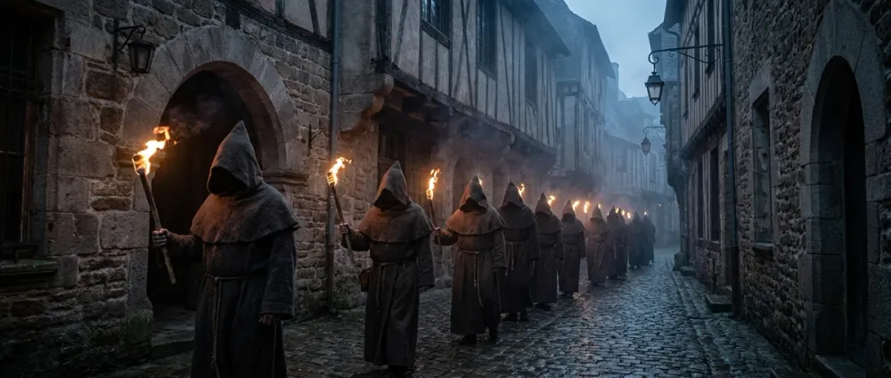 A group of penitent believers walks through a medieval town in a nighttime procession A group of penitent believers walks through a medieval town in a nighttime procession