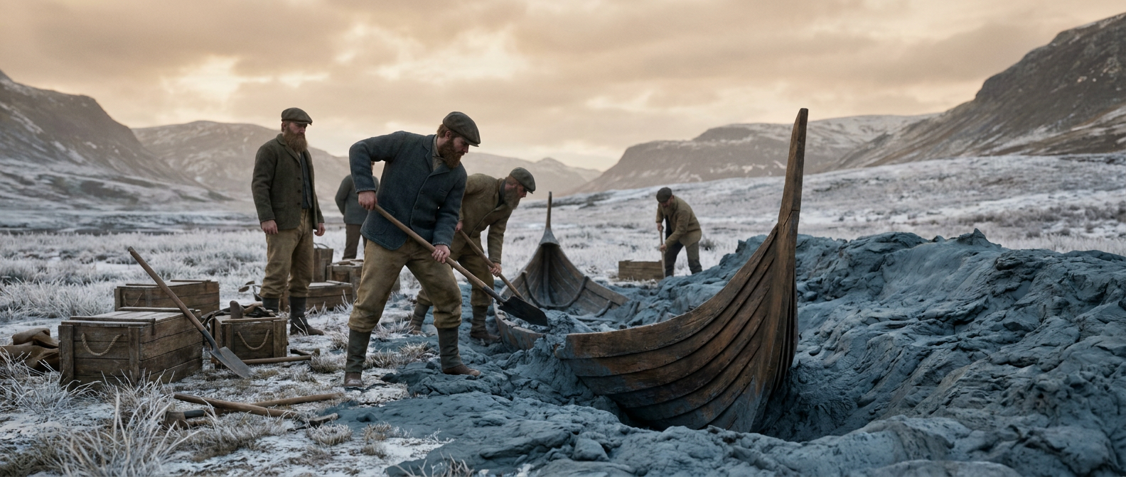 Men in 1880s clothing uncover the prow of a Viking ship rising from blue clay on a wintry field in Norway, wooden crates and spades beside them