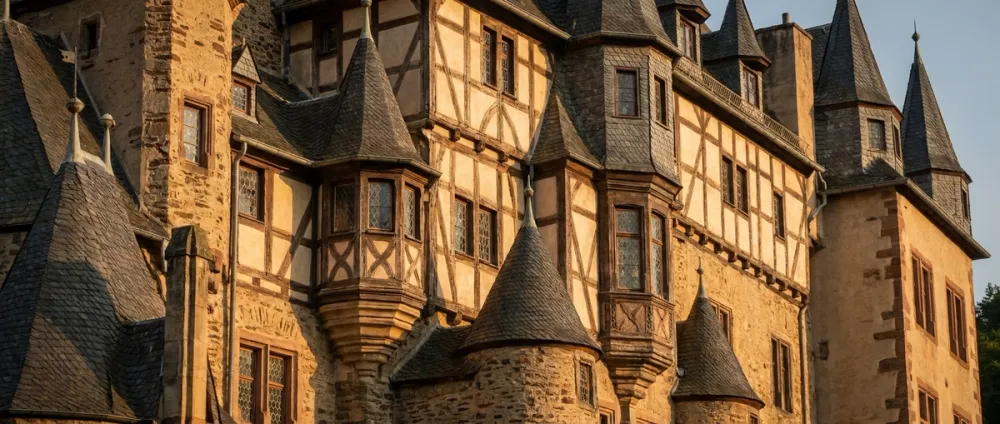 Close-up of the ornate half-timbered and tower architecture of Eltz Castle in evening light Close-up of the ornate half-timbered and tower architecture of Eltz Castle in evening light