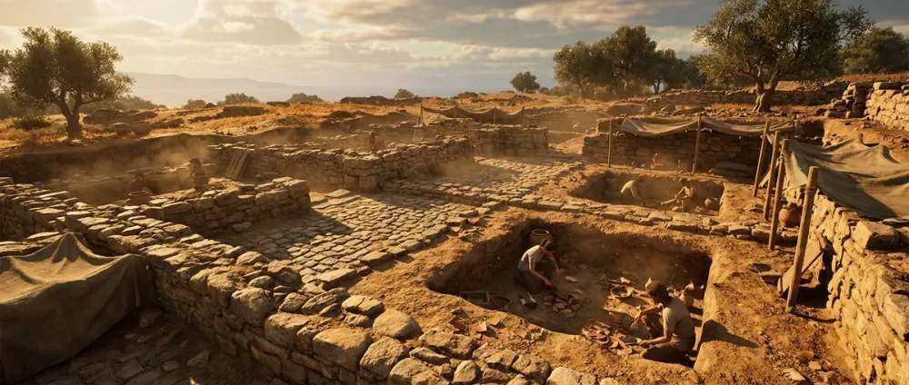 Archäologische Ausgrabungsstätte im antiken Troja, freigelegte antike Steinmauern im goldenen Licht Archäologische Ausgrabungsstätte im antiken Troja, freigelegte antike Steinmauern im goldenen Licht