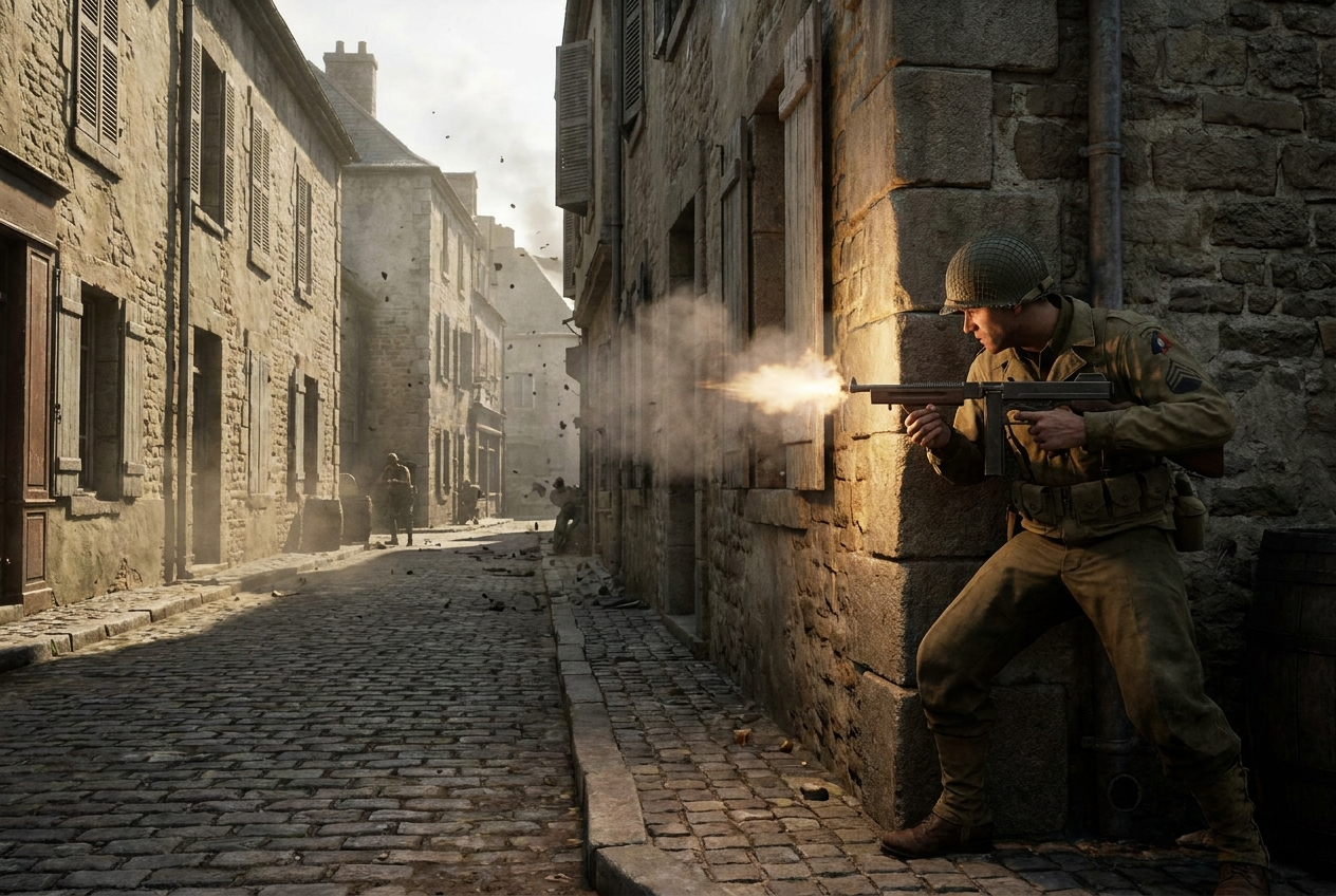 Ein amerikanischer Fallschirmjäger feuert in einer Gasse eines normannischen Städtchens um eine Hausecke