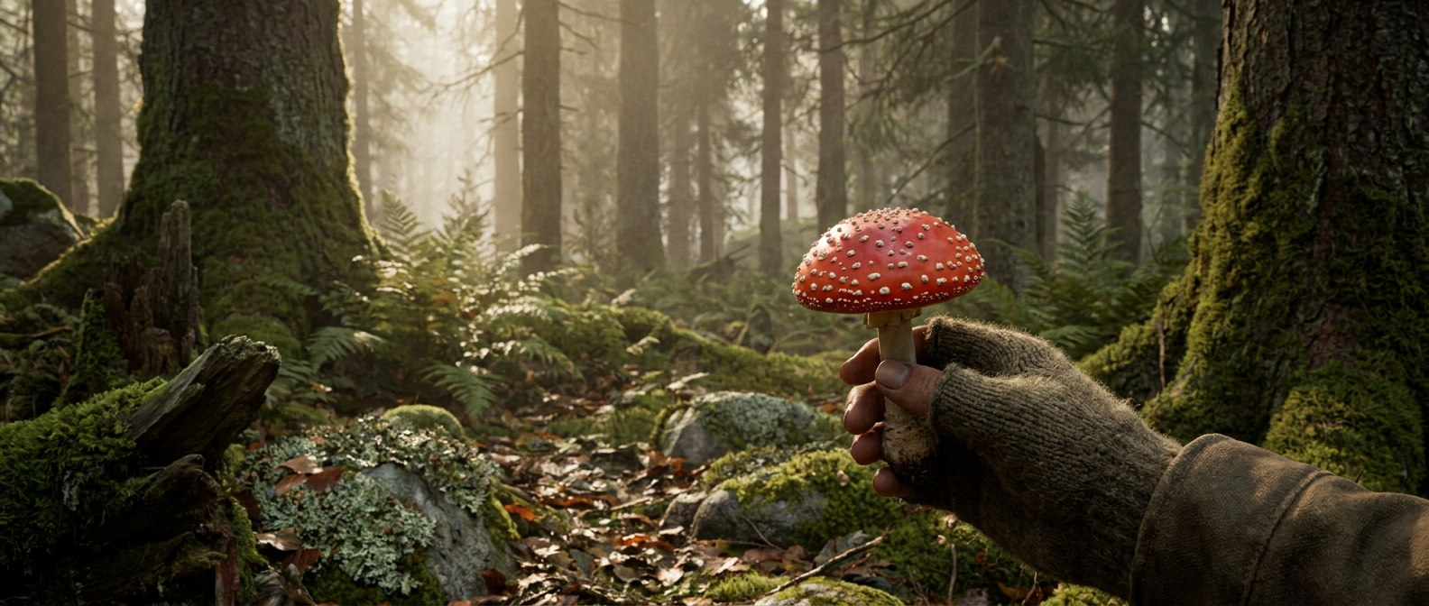 A hand holds a red fly agaric mushroom with white spots in a misty Nordic forest