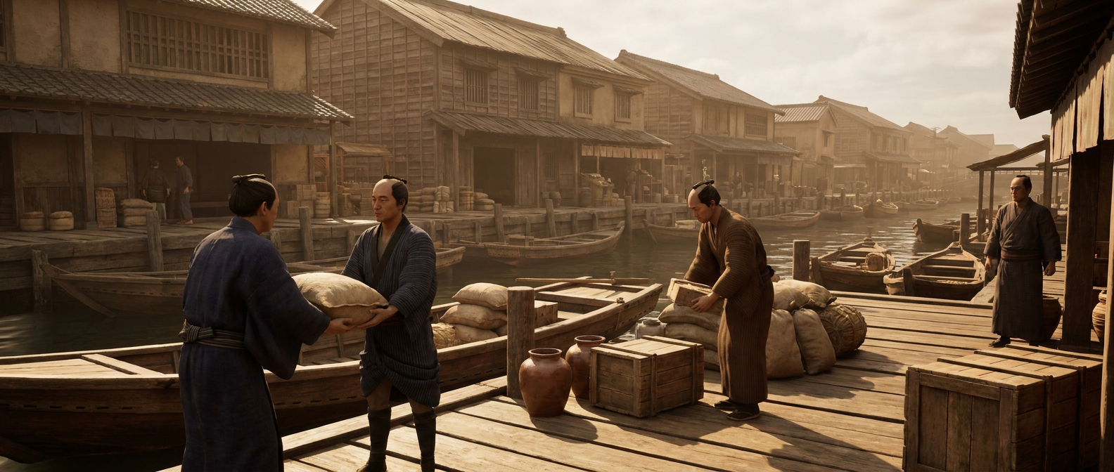 Japanese merchants in kimonos trade on a busy wharf along a canal in Osaka in the 1880s, boats lying between warehouses