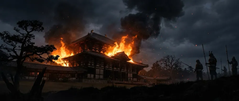 Ein japanischer Tempel steht in Flammen in der Nacht, Rauch steigt in den dunklen Himmel Ein japanischer Tempel steht in Flammen in der Nacht, Rauch steigt in den dunklen Himmel