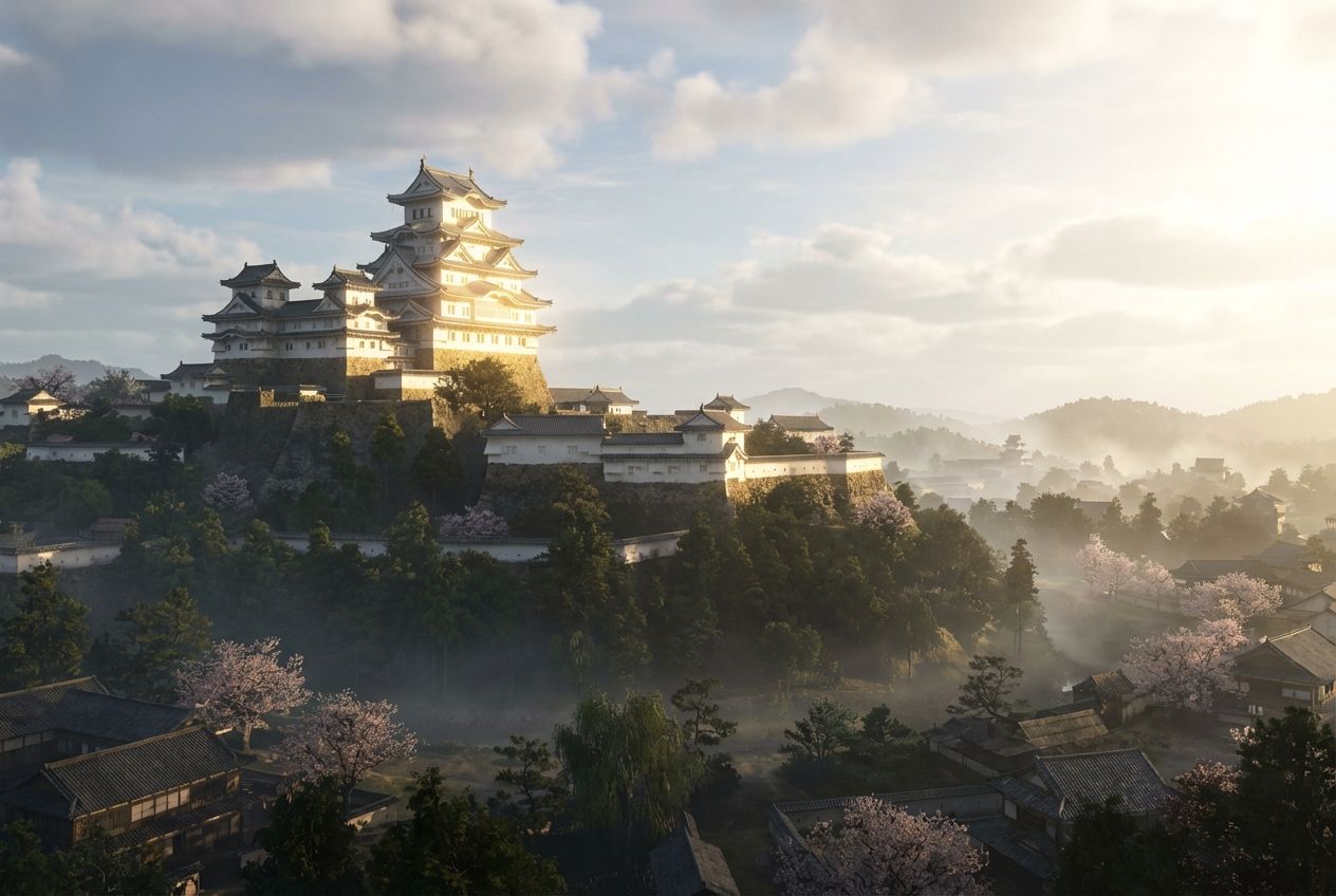 Die weiße Burg Himeji erhebt sich im Morgenlicht über eine Stadt mit Kirschblüten und nebligen Hügeln