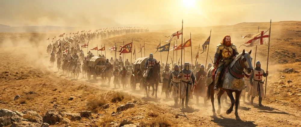 A massive crusader army with banners and wagons marching across the dusty Anatolian steppe A massive crusader army with banners and wagons marching across the dusty Anatolian steppe
