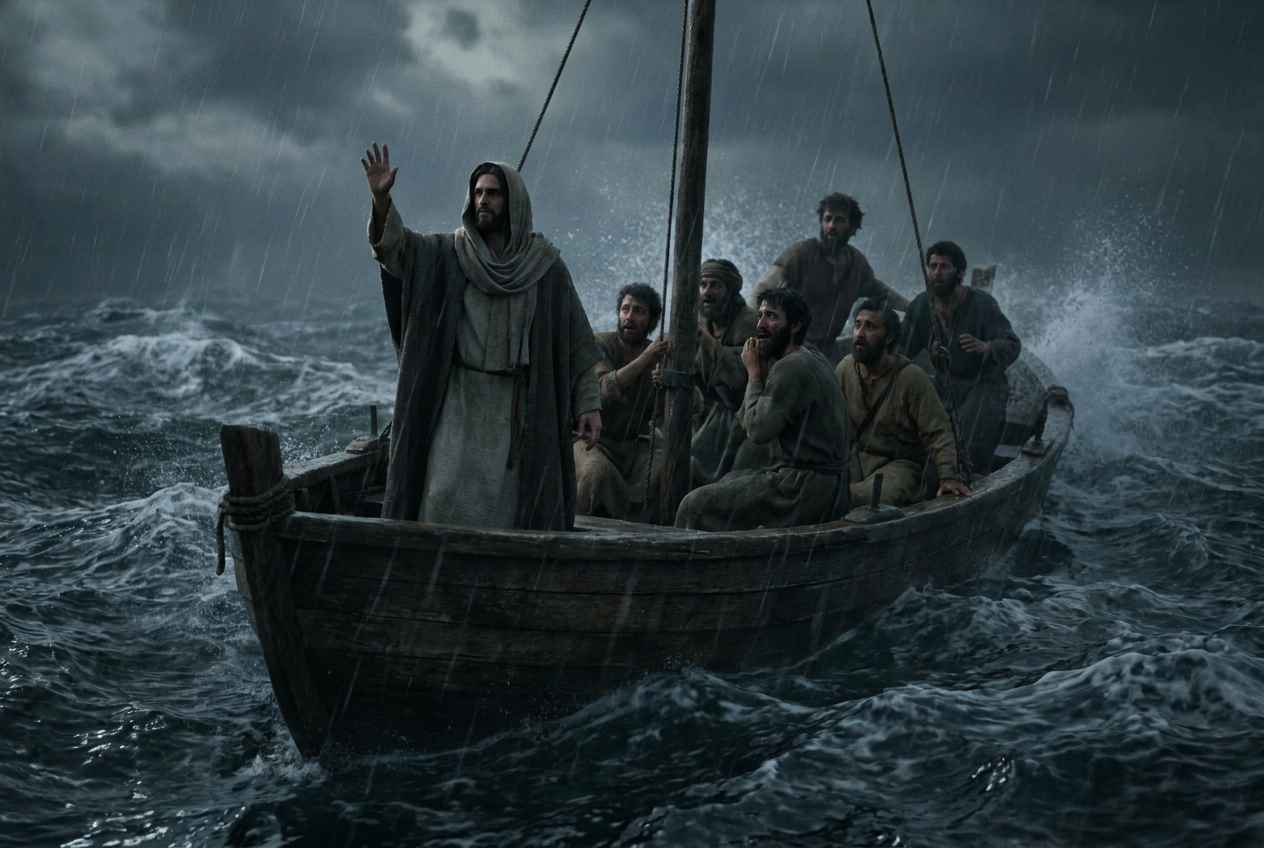 Jesus stands upright in a small fishing boat in the rain and raises his hand against the waves as the frightened disciples hold on