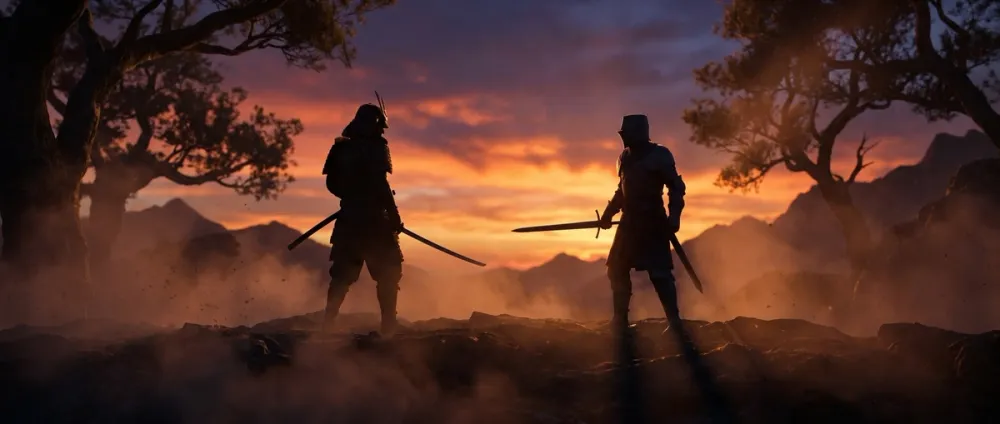 Silhouettes of a samurai and a knight against a dramatic sunset sky, weapons raised Silhouettes of a samurai and a knight against a dramatic sunset sky, weapons raised