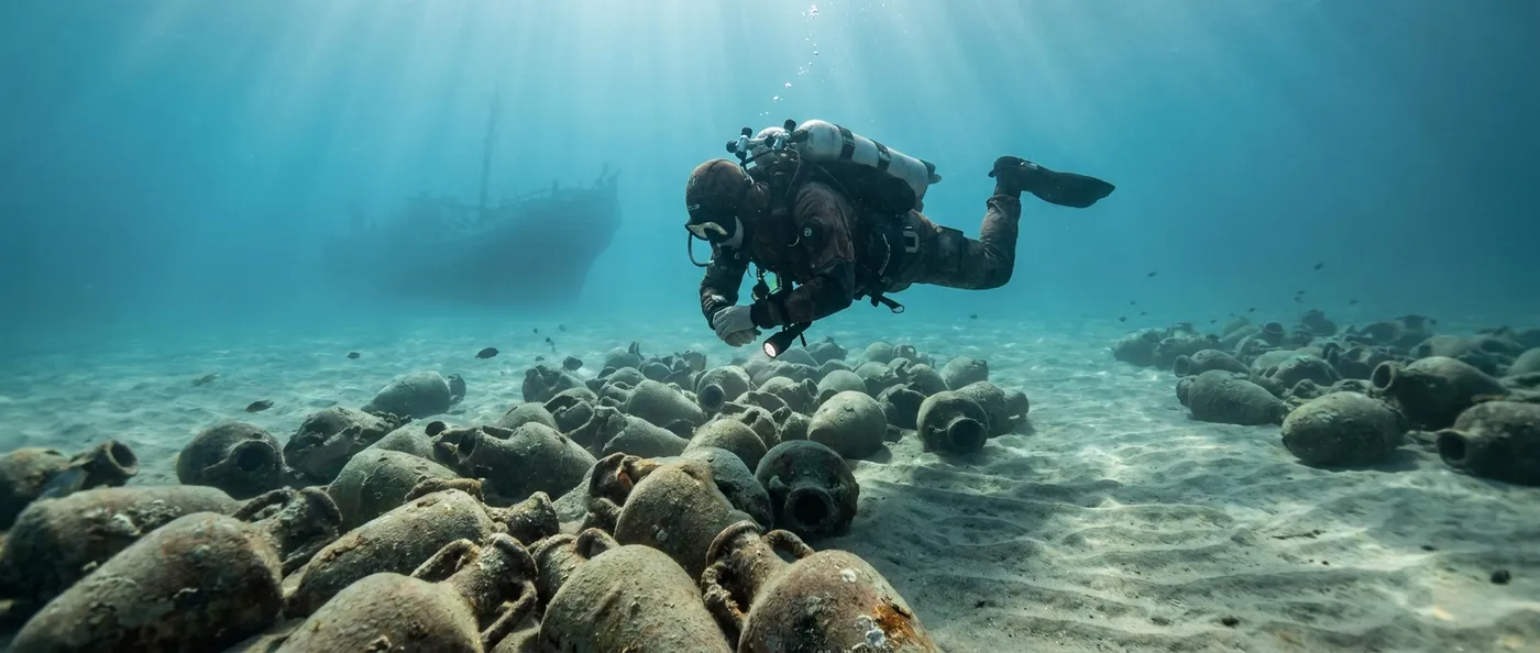 A diver hovers above hundreds of ancient clay amphorae scattered across the sandy seafloor